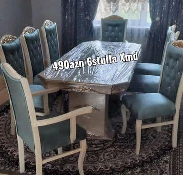 Masa və oturacaq dəstləri: Qonaq otağı üçün, Yeni, Açılmayan, Dördbucaq masa, 6 stul — 6