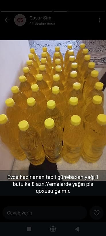 yağ: Təbii günəbaxan yağı.Ev şəraitində hazırlanır.Təmizliyinə cavabdehəm — 2
