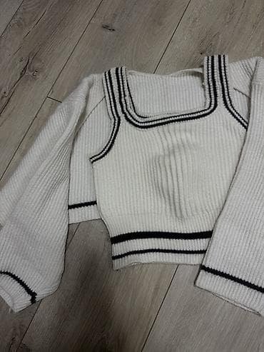 Sviterlər: Ağ rəngli trikotaj crop ve jilet dest - Model: kvadrat yaxalı — 2