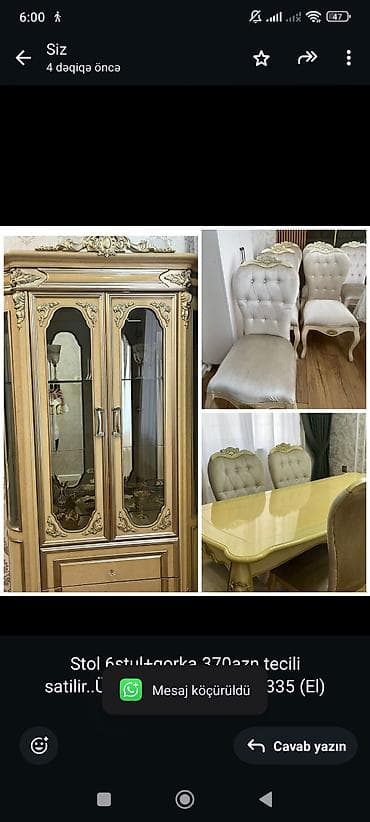tecili satilan masinlar: Stol 6stul+qorka 370azn tecili satilir. Ünvan Nerimanov vp6335 (El) — 1