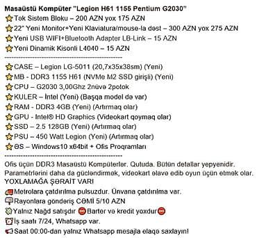 Avtoelektronika: Masaüstü Kompüter "Legion H61 1155 Pentium G2030” ⭐Tək Sistem Bloku – — 3