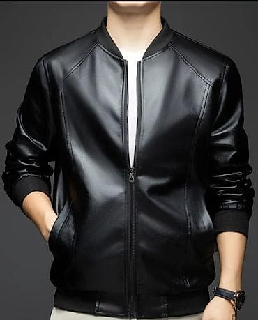 Cinslər: Kişi üçün qara dəri görünümlü bomber gödəkçə - Klassik, minimal — 1