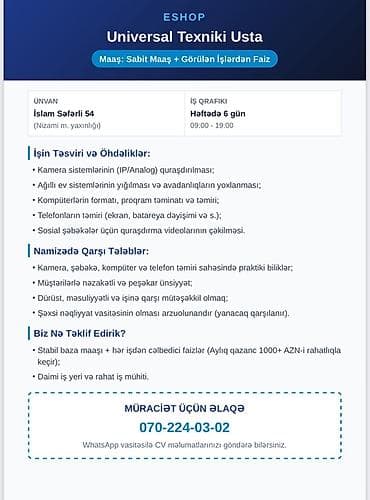 İş: Eshop – Universal Texniki Usta vakansiyası Ünvan: İslam Səfərli 54 — 1