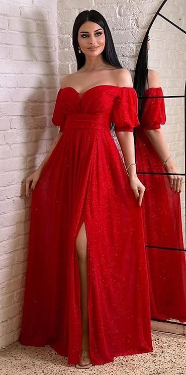 Qırmızı gecə/libas – of-şolder, parıltılı, uzun model - Rəng: parlaq
