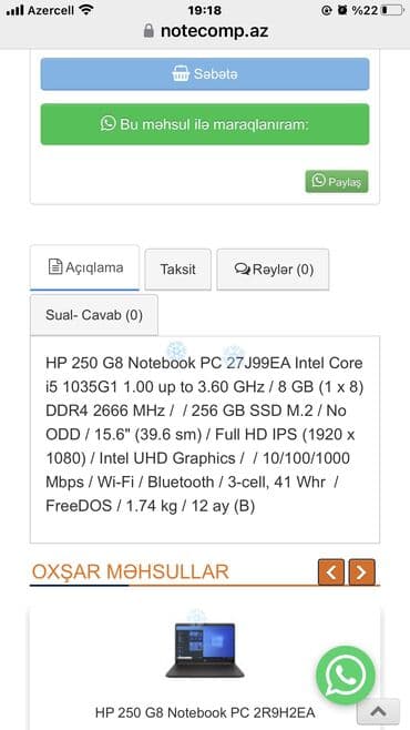 3060 ti baku: HP noutbuk – 15.6" ekranlı, gümüşü korpus Xüsusiyyətlər: - Prosessor — 6
