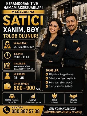 satıcı isi: Satış məsləhətçisi tələb olunur, 18-29 yaş, 1 ildən az təcrübə, Aylıq ödəniş — 1