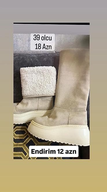 qadın sapaşkiləri: Bej rəngli qalın altlıqlı qadın qış çəkmələri - Ölçü: 39 - Material — 1