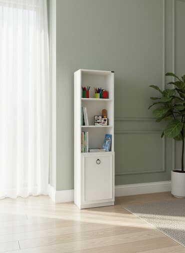 künc rəf: Ağ rəngli şaquli kitab və aksesuar rəfi - Dizayn: minimal və kompakt; — 1