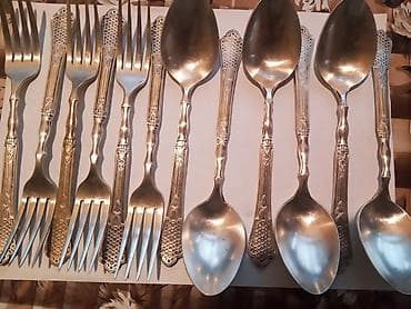 acar naboru: Kəllə-kaşıq dəsti – vintage metal (melxior) çəngəl və qaşıqlar - — 2