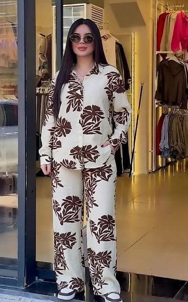 oversize tshirt: Qadın iki hissəli dəst – köynək və şalvar - Rəng və naxış: Açıq krem — 2