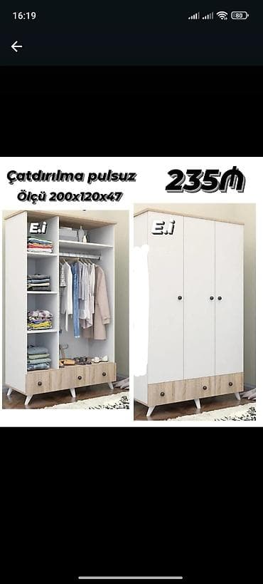 Yeni, 3 qapılı, Siyirməli, Ağ, Açılan, Düz dolab