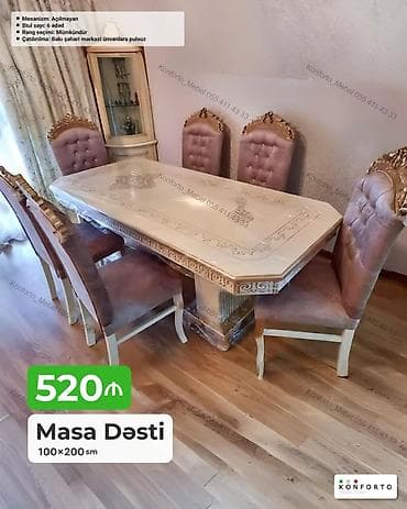 Masa Dəsti – 100×200 sm - Model: Klassik üslubda masa və 6 ədəd stul