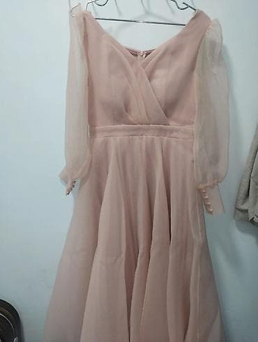 Zərif ziyafət/libas dəsti 1) Pudra rəngli uzun paltar - Yumşaq şifon