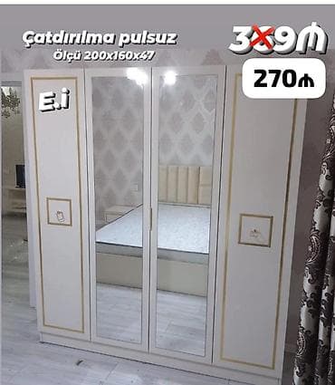 dolab skaf: Ağ rəngli, qızılı xətli 4 qapılı aynalı paltar şkafı. Orta hissədə iki — 1