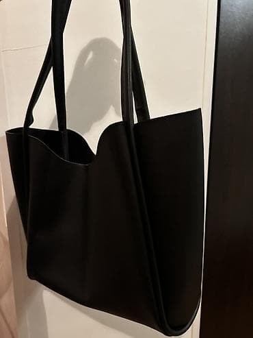 Qara rəngdə qadın tote çantası + kosmetik/aksesuar üçün ayrıca — 3
