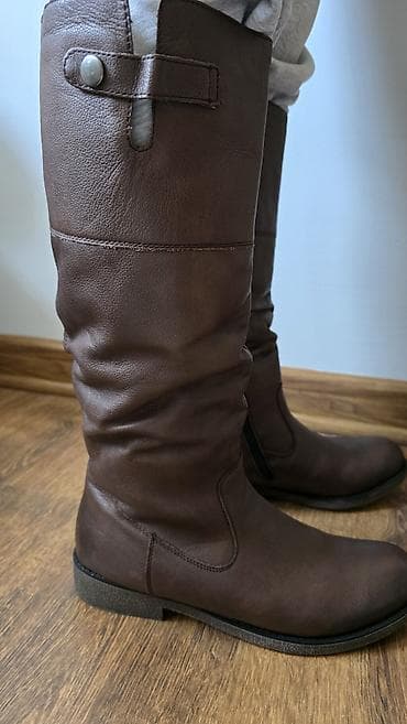 Qadın dəridən uzun qış çəkmələri – tünd qəhvəyi - Material: ✅️təbii