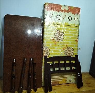 madeyra stol stul: Mebel dəsti – taxta masa, yataq çərçivəsi və döşək - Masa: Tünd — 1