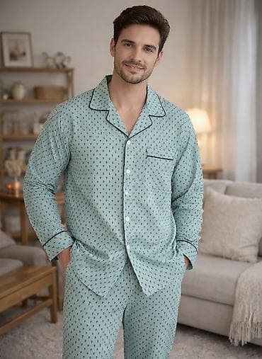 cool paltar: İki hissəli pijama dəsti - Kişi üçün - Rəng: açıq firuzəyi - Naxış — 1