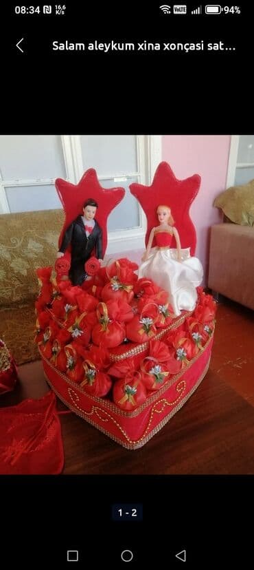 gəlin xoncaları: Xına/Nabat xonça dəsti - Qırmızı rəngdə ürək formalı xına xonçası — 3