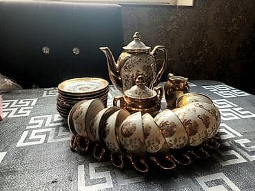 19 litr su: Çay dəsti, rəng - Qızılı, Farfor, 12 nəfərlik — 2