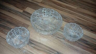 su qab: Qədimi temiz xrustal böyük meyve qabı ve iki ədəd konfet qabı — 3