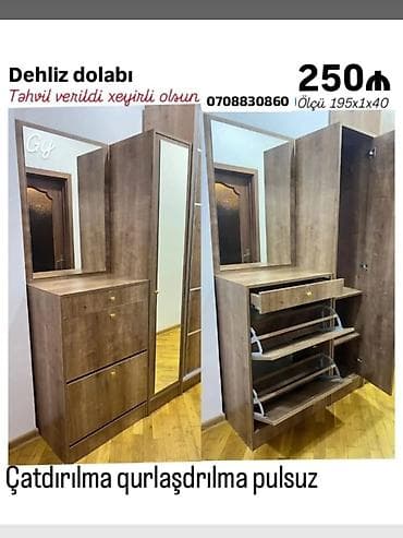 Dolablar: Dehliz dolabı – ölçü: 195×100×40 sm. Material: taxta teksturalı — 1