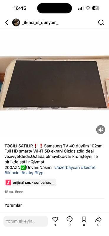 şivaki televizor: Samsung TV – 40 düym (102 sm) - Full HD Smart TV - Wi‑Fi dəstəyi - 3D — 1