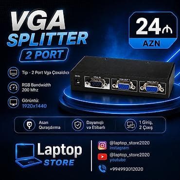 VGA Splitter 2 Port – 24 AZN 🔌 VGA Splitter 2 Port – 1 VGA girişdən 2