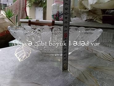 villa sekilleri: Böyük ölçülü şüşə meyvə qabı. Oval formalı, şəffaf rəngli və naxışlı — 4