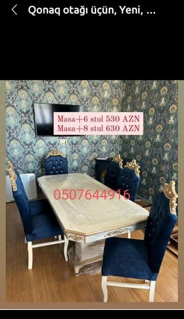 iwlenmiw masa: Qonaq otağı üçün, Yeni, Açılmayan, Dördbucaq masa, 6 stul — 18