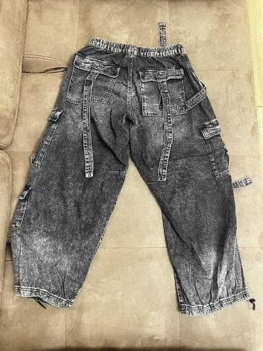 cins godəkcə: Unisex geniş kəsimli cargo cins şalvar - Rəng: tünd yuyulmuş/acid — 2