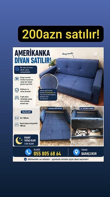 Amerikanka tipli divan - Rəng: mavi - 3 qat mexanizm ilə asanlıqla — 1