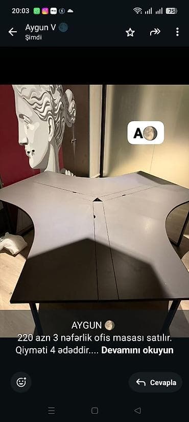 AYGUN 🌖 220 azn 3 nəfərlik ofis masası satılır. Qiyməti 4 ədəddir