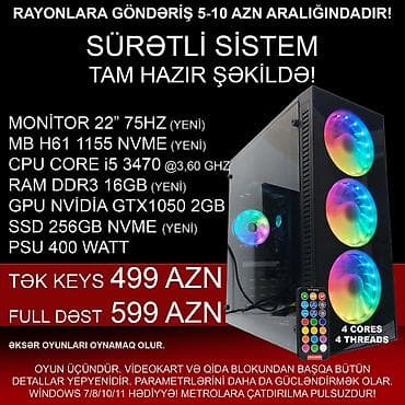 Oyun üçün Kompüter "RGB Core i5 3470 16GB Ram GTX1050 2GB 256GB NVME”