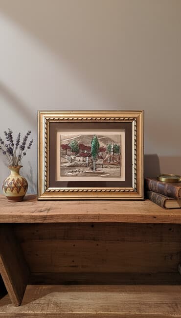 pərdə şəkilləri: Qızılı rəngli çərçivəyə salınmış, dağlar və kənd evlərini təsvir edən — 1