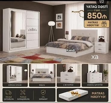 sef asbaz: Yataq otağı dəsti – klassik ağ rəngdə, zərif naxışlı dizayn Komplektə — 1