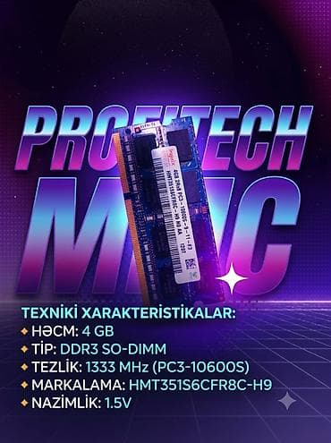 ram ddr 2: Noutbuk üçün Hynix markalı 4 GB DDR3 SO-DIMM operativ yaddaş modulu — 1