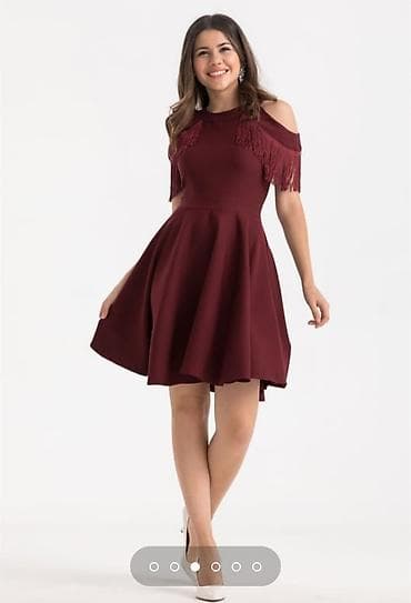 Qadın geyimləri: Bordo rəngli, qısa uzunluqlu ziyafət/əlbəttəlik donu. - Model — 2