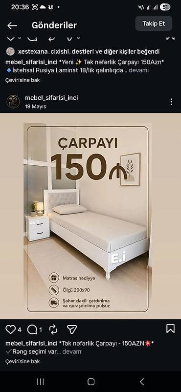 Tək nəfərlik çarpayı – 150 AZN - Ölçü: 200×90 sm - Material: Rusiya — 1