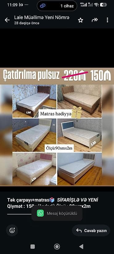 *Tək çarpayı+matras🎁* _*SİFARİŞLƏ VƏ YENİ*_ *Qiymət : 150₼*(1ədədi) — 1