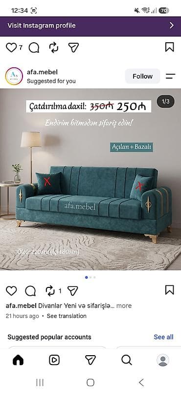 Açılan və bazalı divan - Rəng: zümrüd-yaşıl - Ölçü: 220 sm (yataq