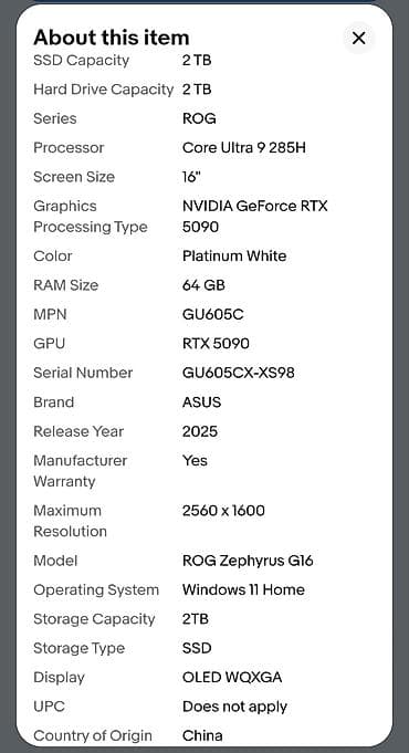 ASUS: ASUS ROG Zephyrus G16 GU605C 16" Core Ultra 9 285H 64GB RAM 2TB SSD — 5