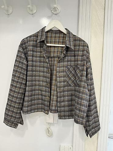 cins: Qadınlar üçün qısa kəsimli flanel köynək/jaket - Naxış: boz, sarı və — 1