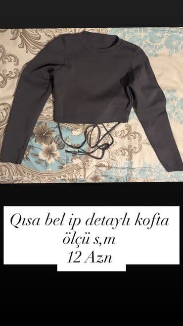 Dəstlər, kostyumlar: Qısa bel, ip detallı qadın koftası - Model: q crop top, uzun qol - — 2