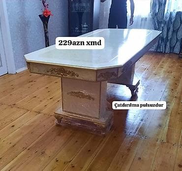 metbex mebeli gence: Klassik üslubda yemək masası - Rəng: krem və qızılı dekor - Forma — 1