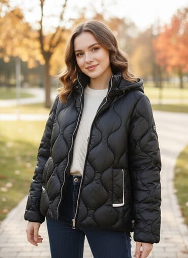 toxunma jaket modelleri: Qara rəngli şişmə uşaq gödəkçəsi - Model: Kapüşonlu, ön hissədə tam — 1