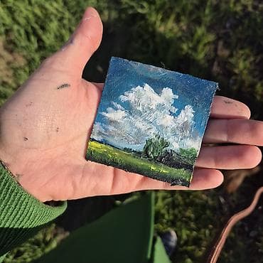 Velosiped ehtiyyat hissələri: Miniatür akril boya tablo – açıq səma və çəmənlik mənzərəsi - — 5