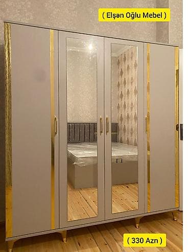 Yeni, 4 qapılı, Güzgülü, Boz, Digər material, Açılan, Düz dolab