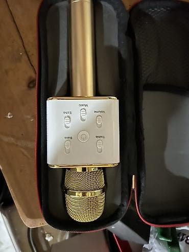 mikrofon bluetooth: Portativ Bluetooth karaoke mikrofonu - Qızılı rəngdə, metal torlu — 2