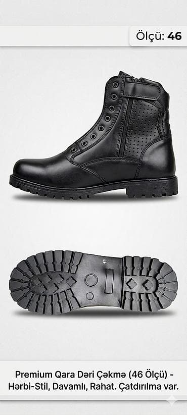 herbi tortlar: Premium qara dəri çəkmə – ölçü 46. Xüsusiyyətlər: - Yüksək boğaz — 1